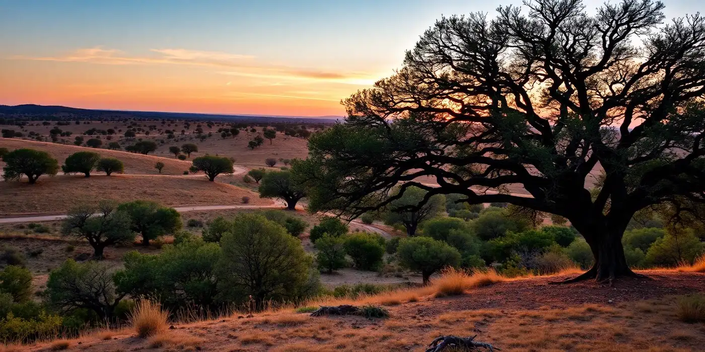 Texas hill country at sunset